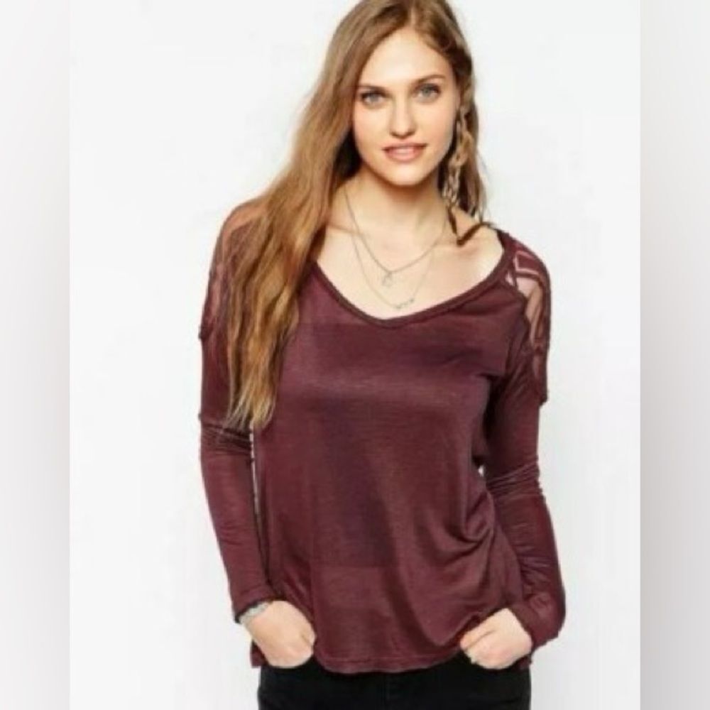 Free People Gatsby Top Embroidered Lace Mesh Burgundy Medium Boho Summer Casual